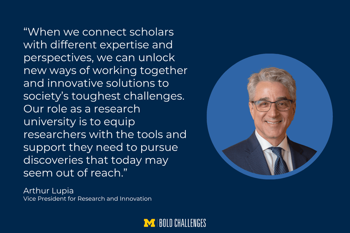 text: “When we connect scholars with different expertise and perspectives, we can unlock new ways of working together and innovative solutions to society’s toughest challenges. Our role as a research university is to equip researchers with the tools and support they need to pursue discoveries that today may seem out of reach.”<br />
Arthur Lupia<br />
Vice President for Research and Innovation